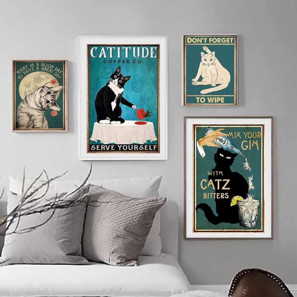 Vintage Cartoon Cute Cat Posters Canvas Paint Wall